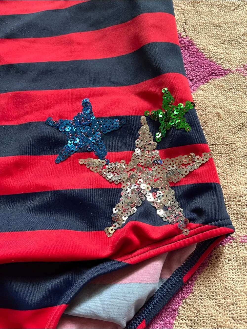 Land’s End Girls One Piece Stripe Swimsuit with Sequin Stars